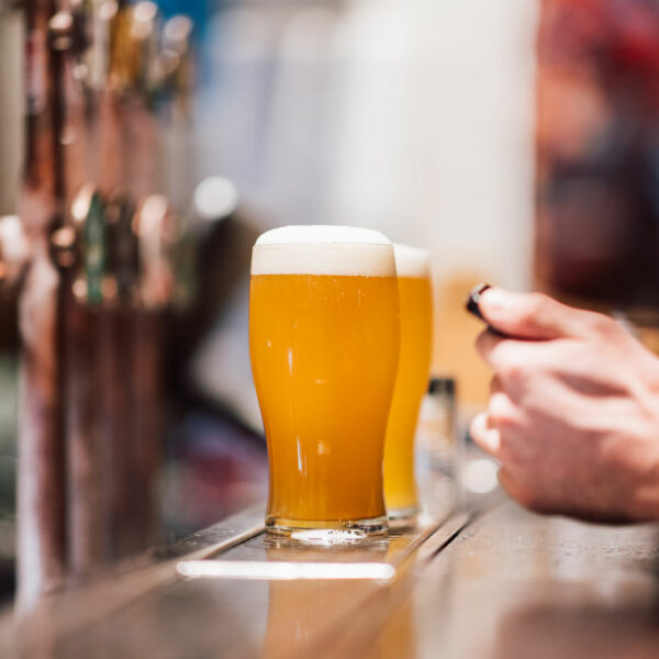 Pints of beer on a bar