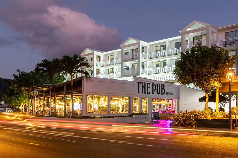 The Airlie Beach Hotel from out the front at dusk.