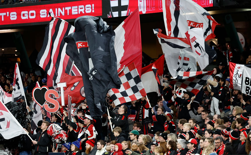 St Kilda Saints fans waving flags and celebrating in the crowd