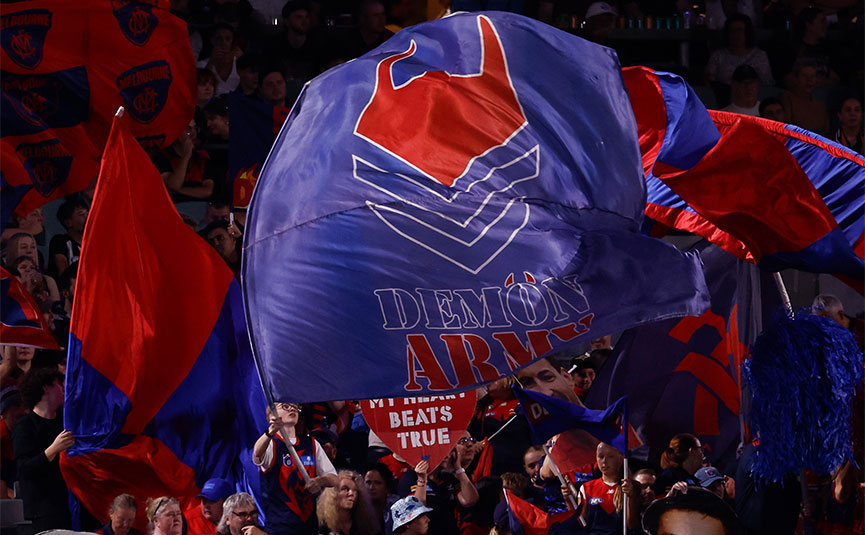 Melbourne demons fans celebrating in the crowd